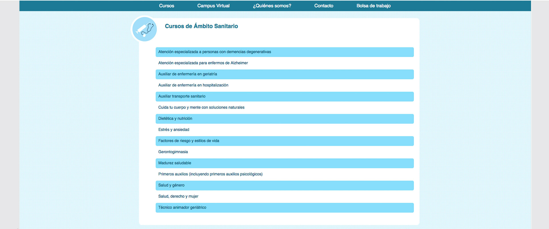Página web, sección cursos de ámbito sanitario
